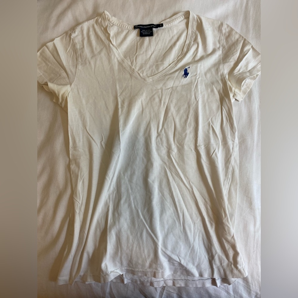 Small White Polo Ralph Lauren v-neck preppy short sleeve tee shirt, like-new